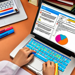 **A student surrounded by books and online resources (laptop displaying a forum), highlighting key concepts with colorful markers, symbolizing effective study strategies. Emphasis on organized notes and flashcards.**