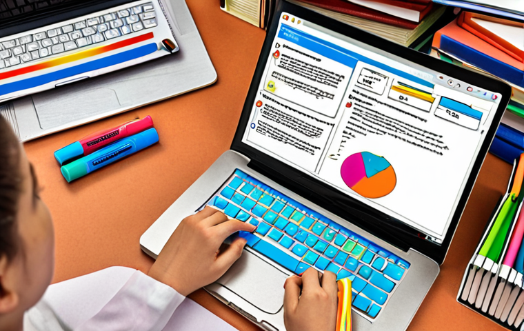 **A student surrounded by books and online resources (laptop displaying a forum), highlighting key concepts with colorful markers, symbolizing effective study strategies. Emphasis on organized notes and flashcards.**