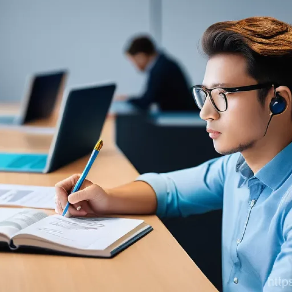 유통관리사 실기시험 전략 - A bright and focused university student, wearing smart casual attire, sits at a modern desk, surroun...