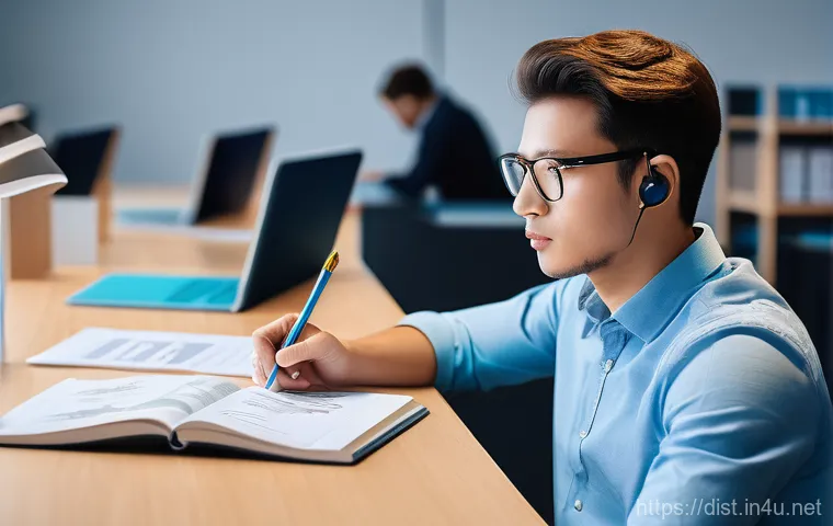 유통관리사 실기시험 전략 - A bright and focused university student, wearing smart casual attire, sits at a modern desk, surroun...