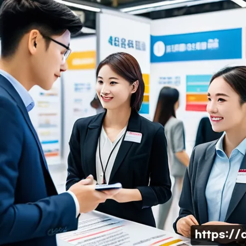 유통관리사와 관련된 취업박람회 - A professional job fair scene focused on the distribution management industry, showing a diverse gro...