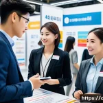 유통관리사와 관련된 취업박람회 - A professional job fair scene focused on the distribution management industry, showing a diverse gro...