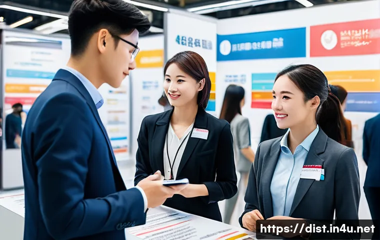 유통관리사와 관련된 취업박람회 - A professional job fair scene focused on the distribution management industry, showing a diverse gro...