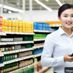 유통관리사 자격증으로 가능한 업종 - A professional retail manager in a modern large supermarket, confidently overseeing inventory shelve...