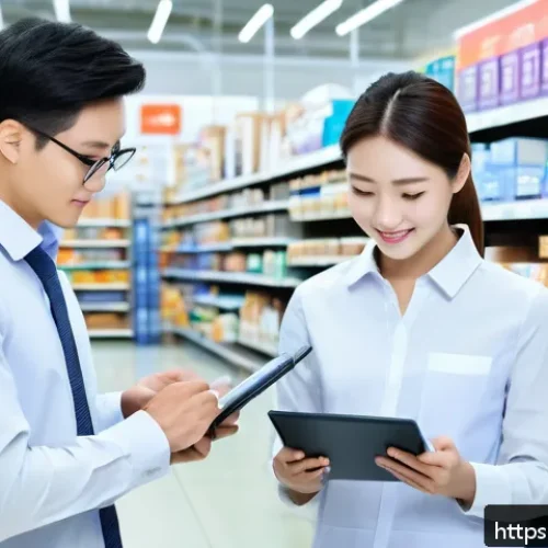 유통관리사 실무에서의 장점 - A dynamic retail environment scene showing a confident professional with a clipboard analyzing inven...