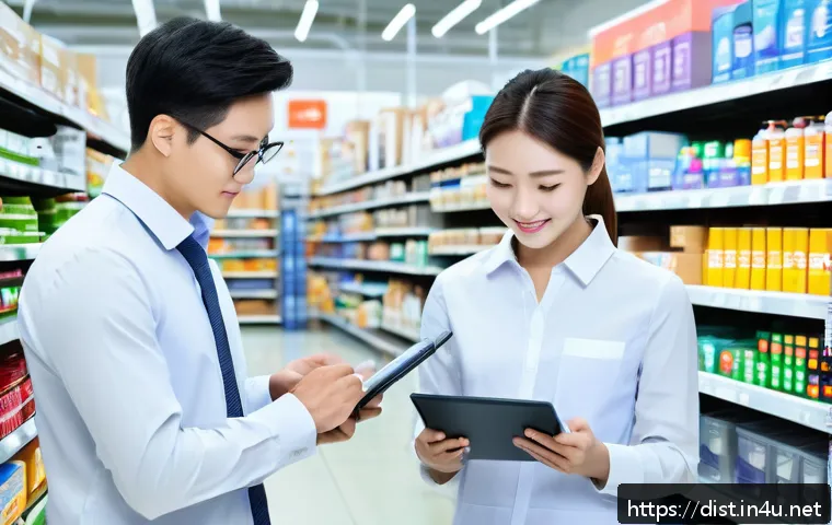 유통관리사 실무에서의 장점 - A dynamic retail environment scene showing a confident professional with a clipboard analyzing inven...