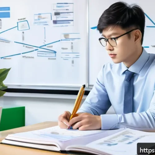 유통관리사 이론 학습 꿀팁 - A focused study scene showing a young professional seated at a tidy desk, surrounded by textbooks an...