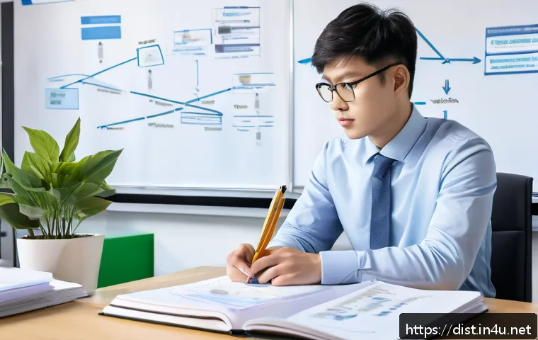 유통관리사 이론 학습 꿀팁 - A focused study scene showing a young professional seated at a tidy desk, surrounded by textbooks an...